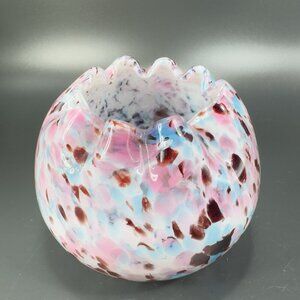 Czech Art Glass Rose Bowl Dish Hand Blown Multicolor Spots Bowl Ruffled Edges